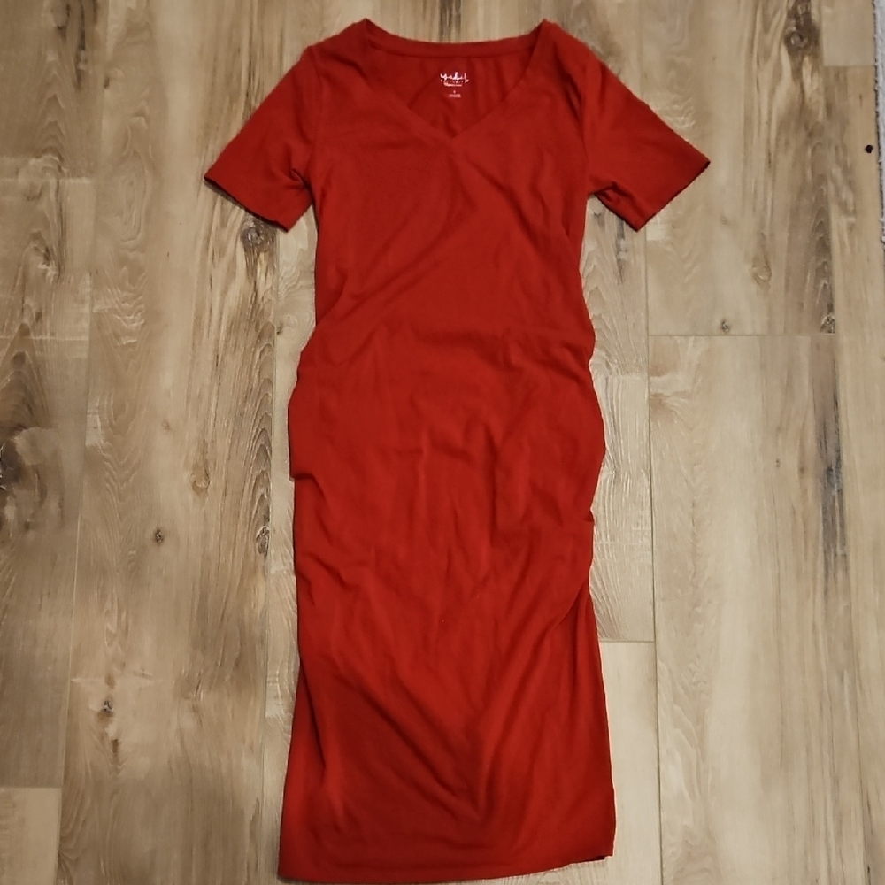 Red Maternity V-Neck Midi Dress